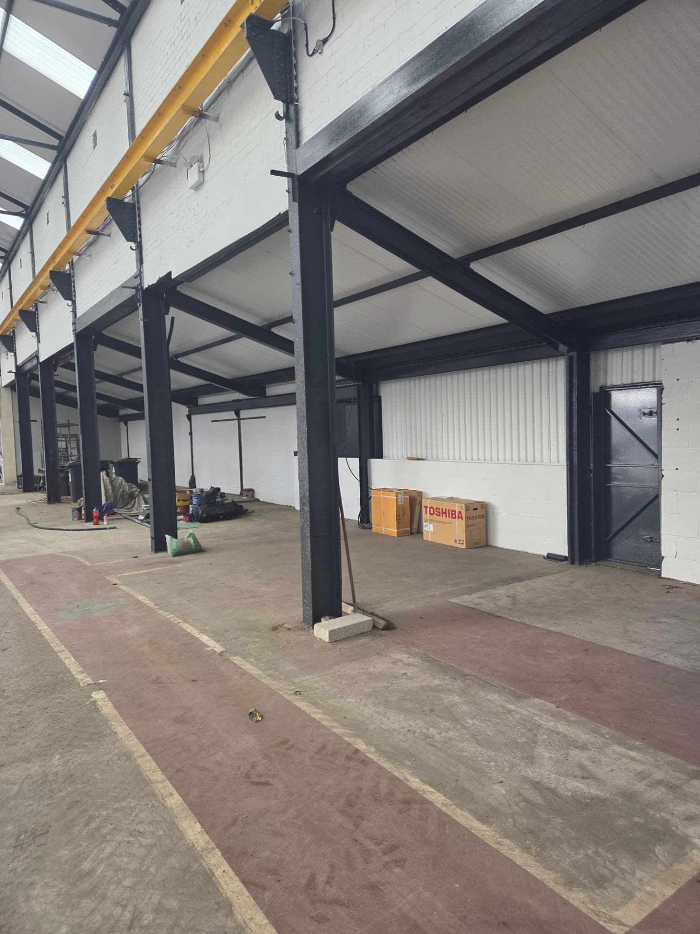 Company-supplied photograph of the Wakefield warehouse completed steelwork, walls and crane rails
