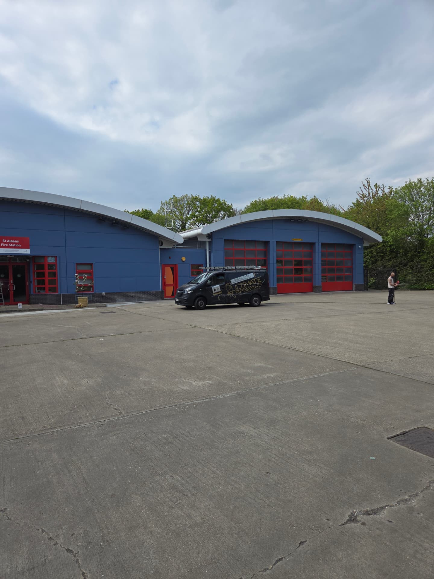 Company-supplied photograph of the completed St Albans Fire Station frontage with the Ultimate Spraying van on site